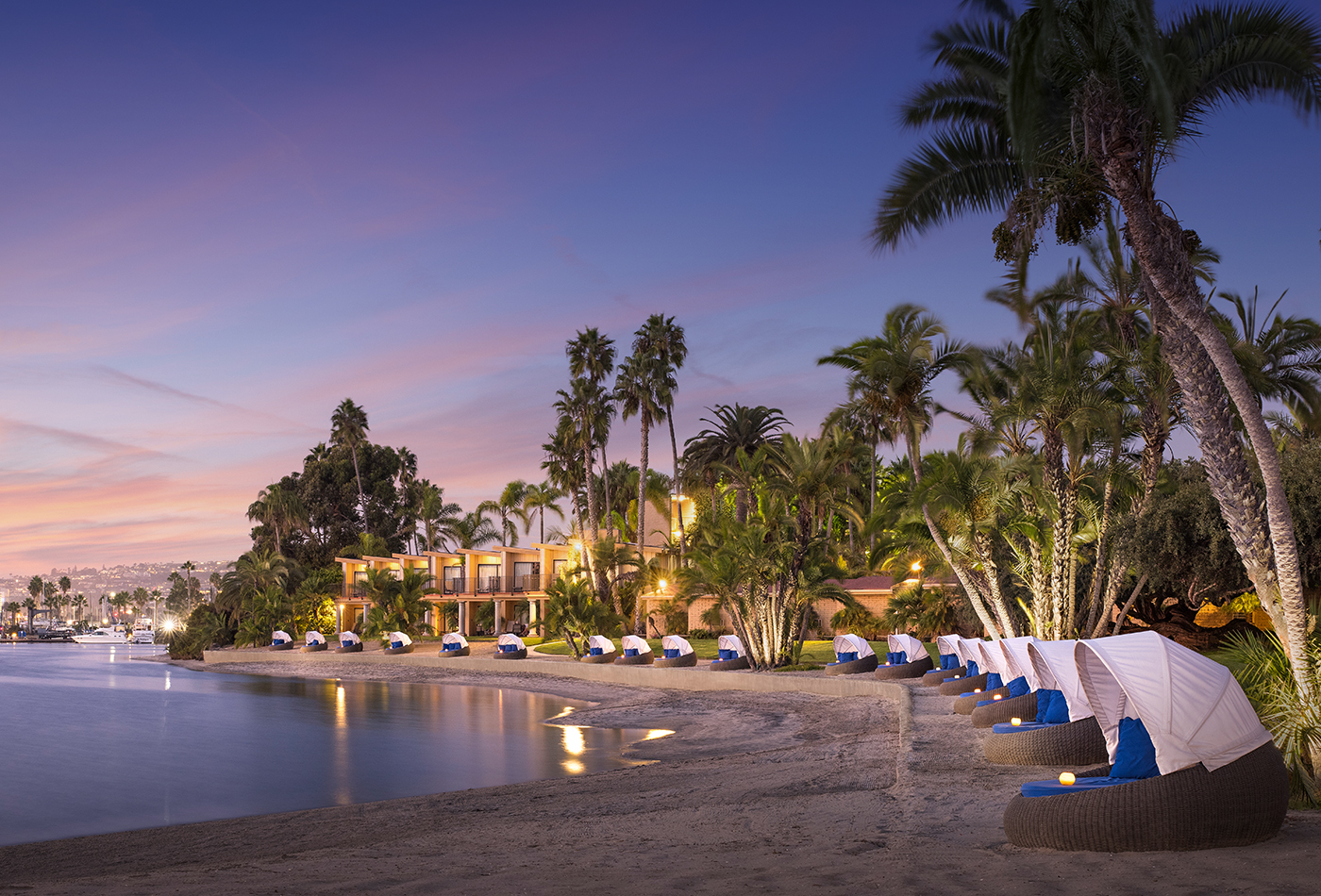 Vibrant waterfront resort at sunset
